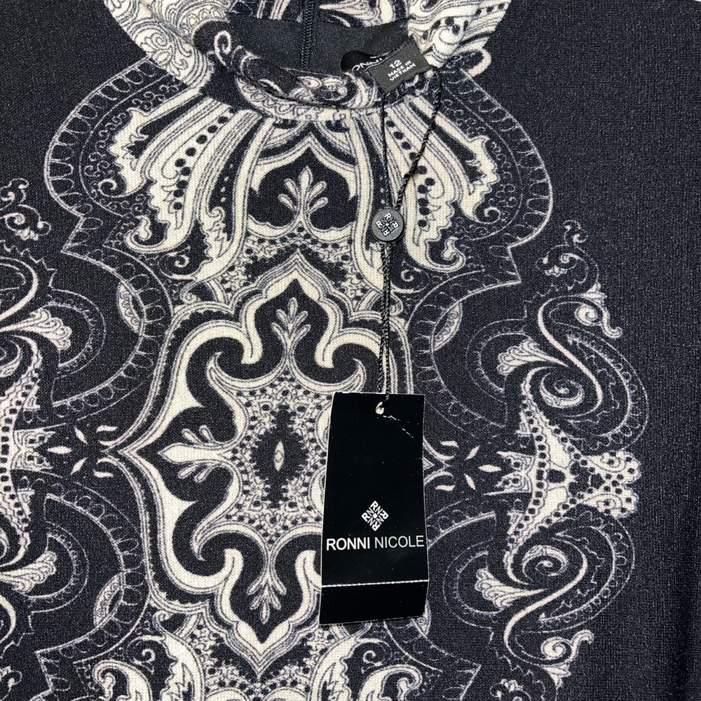 Ronnie Nicole Women's Dress Long Sleeve Sz 12 Black & Taupe Paisley Lined NWT - Picture 9 of 12